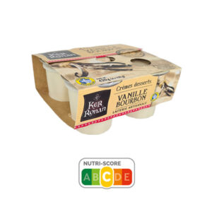 Gamme de yaourts, crèmes desserts et riz au lait de la laiterie Ker Ronan, illustrant la qualité et le savoir-faire artisanal breton.